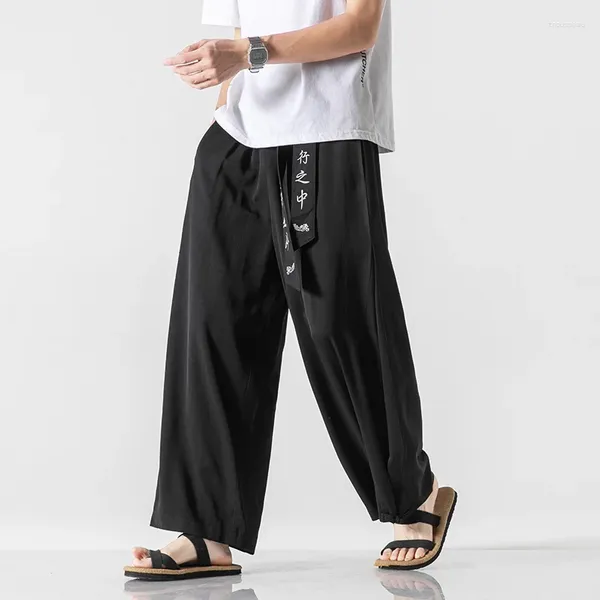 Calças masculinas estilo chinês verão fino gelo seda bordado casual largo solto plus size hakama harajuku calças de grandes dimensões roupas masculinas