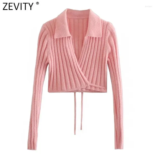 Suéteres femininos Zevity Mulheres doce manga longa aberta costura cinto curto tricô suéter femme chique turn down colarinho casual cardigan tops