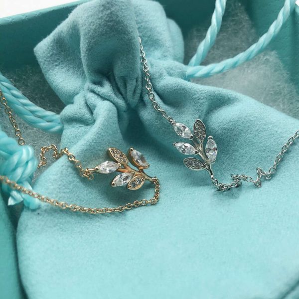 модные аксессуары дизайнерские брендыS925 Sterling Silver Small Fresh Diamond Branch Spout ожерелье tiff Sweet Korean Leaf Короткий кулон Лесной воротник-цепочка