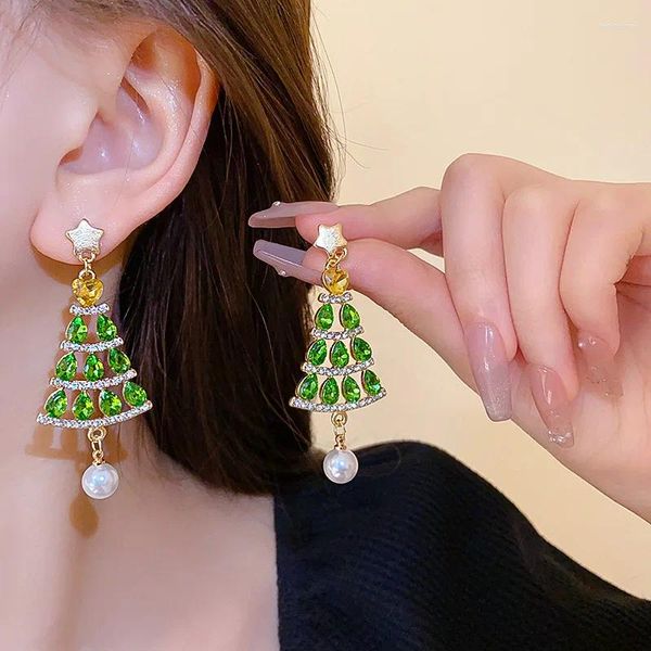 Brincos pendurados cristal verde árvore de natal coração estrela pérola gota para mulheres estética luxo moda coreana jóias