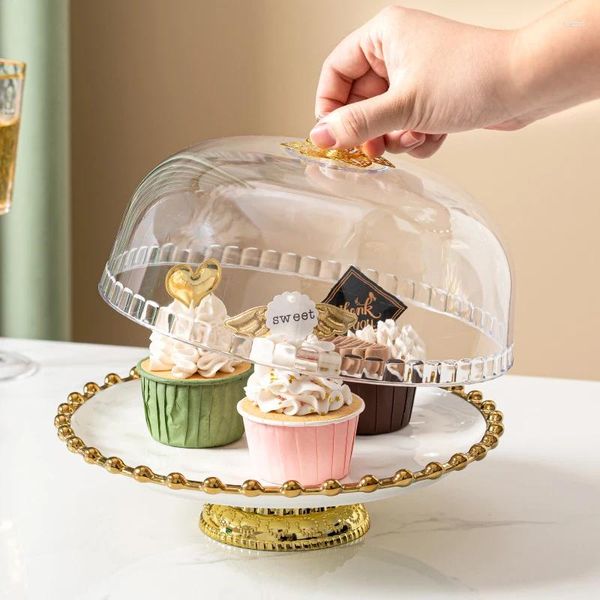 Pratos nórdicos de luxo cerâmica sobremesa suporte com capa transparente suporte cupcake placa frutas festa aniversário casamento servindo bandeja