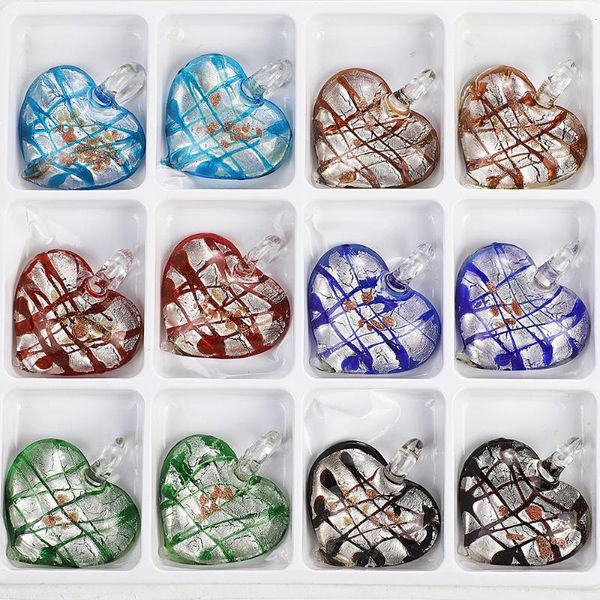 Pingente colares qianbei moda artesanal murano lampwork vidro mix cor net coração pingentes para colar atacado 6 pçs