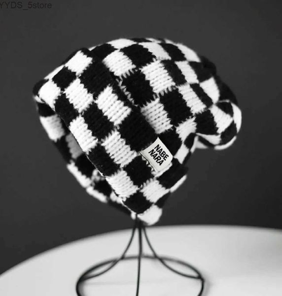 Beanie / Skull Caps Versão coreana marca de moda etiqueta de tecido chapéu de malha para inverno quente xadrez xadrez chapéu frio para mulheres ajuste solto sm YQ231108