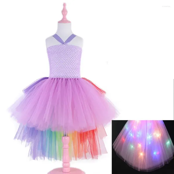 Tema traje luz led crianças meninas vestido cosplay baile crianças princesa vestidos de renda conjunto de argola de cabelo festa de halloween tutu 2t-7t