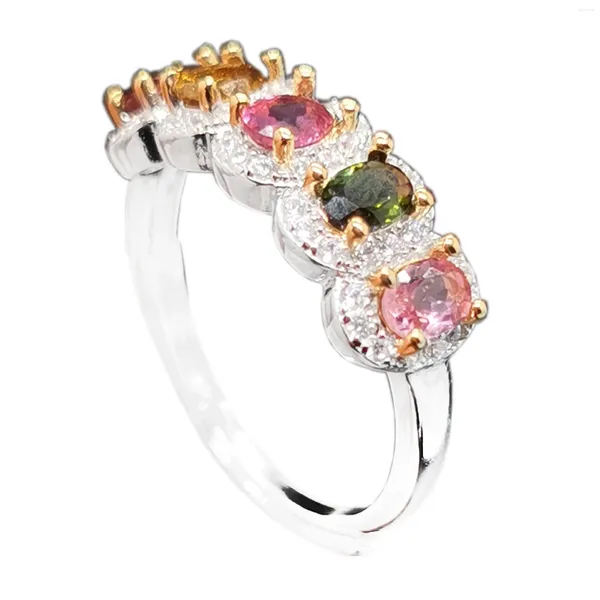 Cluster Rings Natural Multi-color Tourmaline Silver Ring Total 0.6ct 3mm 4mm October Birthstone Gift For Woman