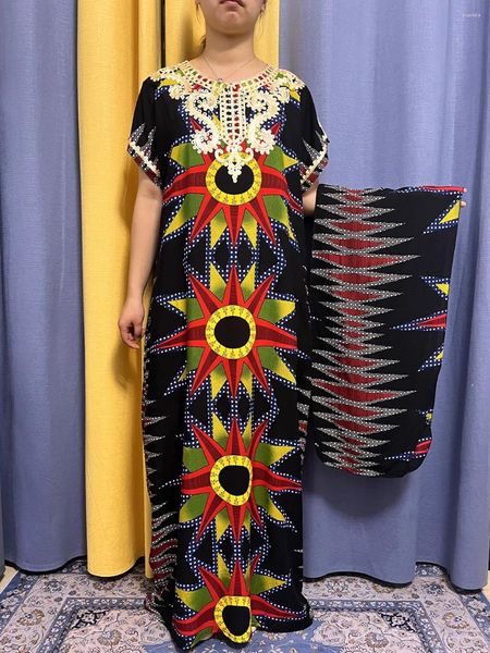 Этническая одежда Абая для женщин 2023 Мусульманское лето с цветочным принтом из хлопчатобумажной ткани Свободный женский халат Африканские исламские платья Нигерия с тюрбаном