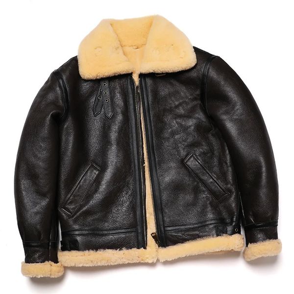 Giacche da uomo Giacca in pelle di pelliccia ecologica originale in lana di shearling marrone Abbigliamento di pecora spessa Cappotti da volo in vera pelle di pecora calda maschile 231108