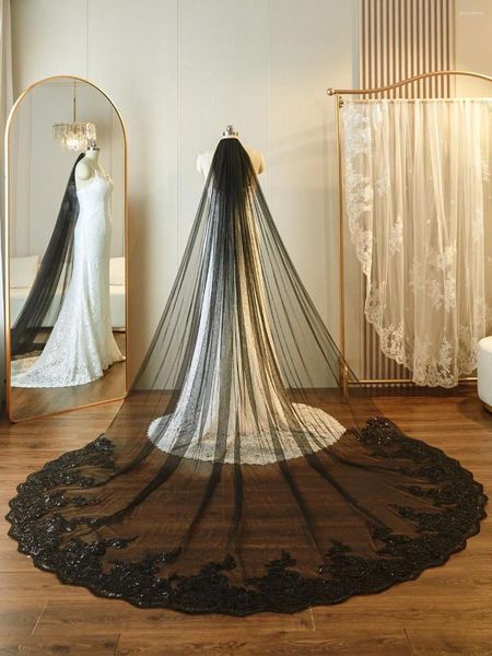 Свадебная фата из настоящего черного цвета с металлической расческой для волос, свадебные аксессуары для невесты, кружево с блестками, длина 3 метра, винтажная аппликация по краям