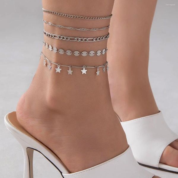 Cavigliere coreane semplici pendenti a forma di stella set di cavigliere per le donne ragazza moda charms geometrici multistrato catena del piede gioielli partito 25064