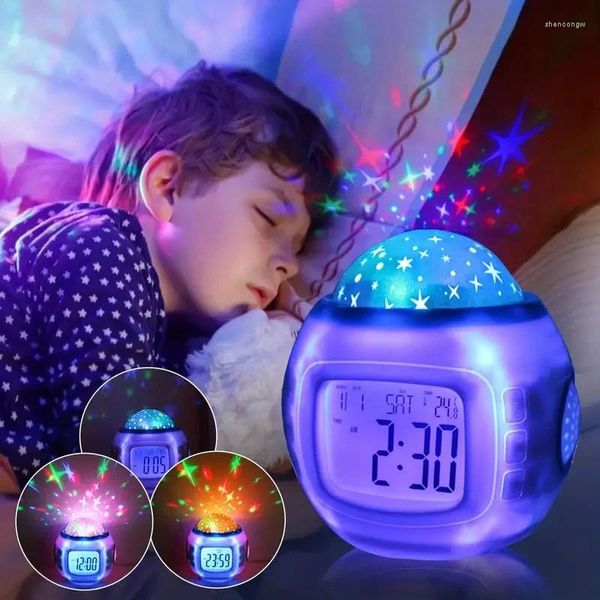 Luci notturne LED Sveglia musicale Luce da comodino Proiezione del cielo stellato Colorato con funzione snooze del termometro Decorazione della casa