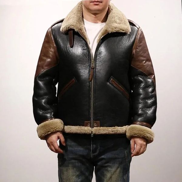 Jaquetas masculinas B3 Bomber Pilot Casaco Europeu EUA Plus Grande Inverno Quente Vintage Engrossado Shearing Pele de Ovelha Jaqueta de Couro para Homens 231108