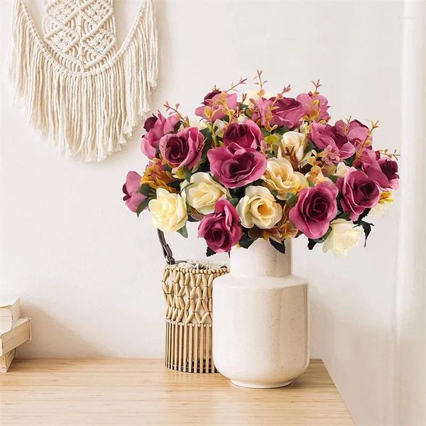 Flores decorativas artificiais falsas rosas 12 cabeças buquê de seda com hastes de plástico para mesa de casamento vaso central plantas decoração de quarto de presente