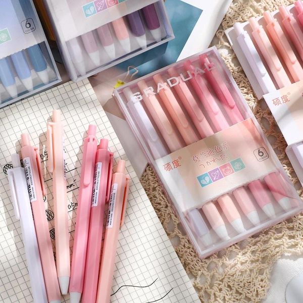 6pcs/Set Sevimli Morandi Renk Pres Jel Pen St Nib 0.5mm Siyah Mürekkep Ofis İmzası Öğrenci Kawaii Kırtasiye Yazma Malzemeleri