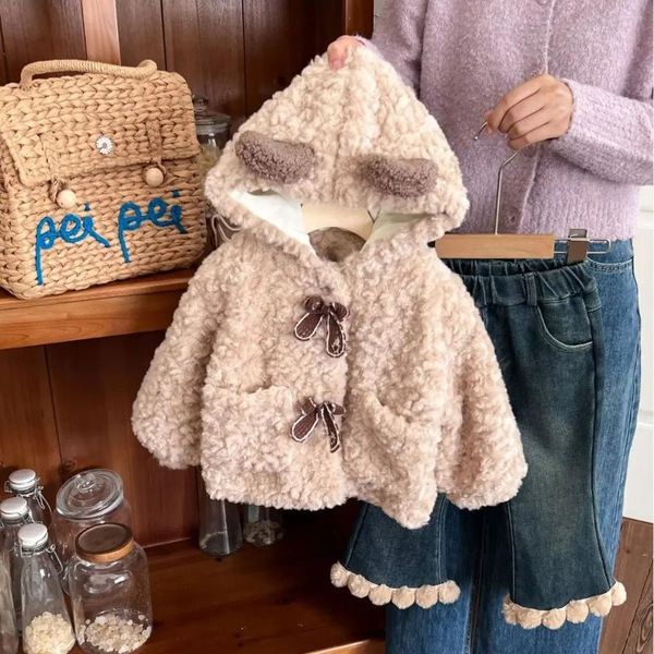 Giacche stile coreano inverno neonate cappotti di pelliccia marrone bowknot decorato cardigan con cappuccio per bambini capispalla caldi per bambini