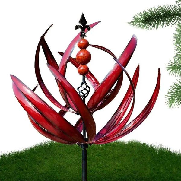 Decorazioni da giardino Girandole a vento Metallo resistente ai raggi UV Girevole a 360 gradi Lotus Art Percorsi rossi Pali per prati Ornamento Display per patio