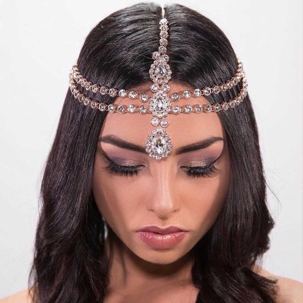 Cabelo de casamento Jóias Boho Capacete de casamento de luxo Crystal Head Chain Jóias Prata Mulheres Indianas Correia de testa de pedra indiana Acessórios para cabelos P230408