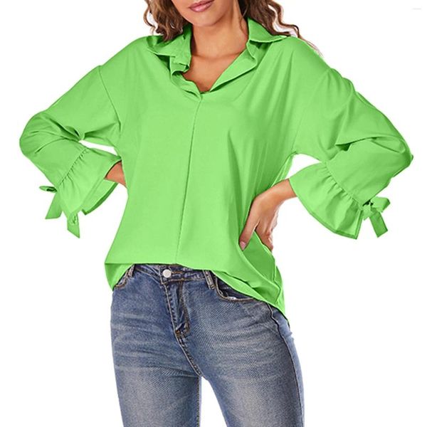 Женские блузки, женские рубашки, ранняя осень 2023, однотонная рубашка на пуговицах с большими лацканами, расклешенные женские топы с длинными рукавами и заниженными плечами