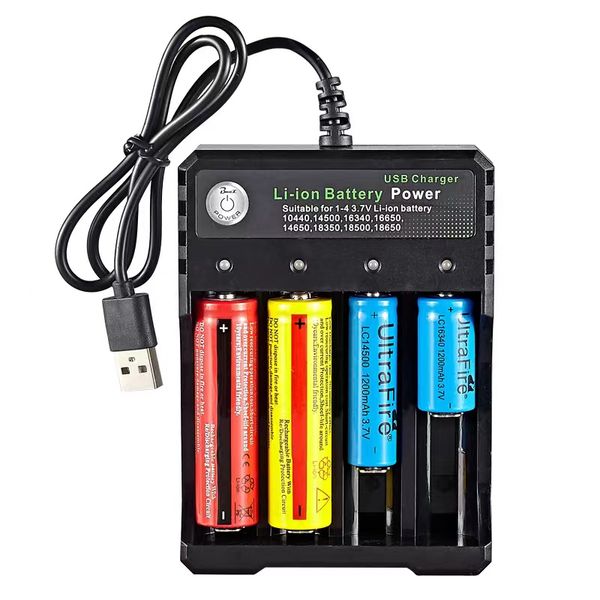 Carregador de bateria 18650 com cabo USB 4 3 2 1 Slots de carregamento para 10400 14500 16650 18500 18350 Carregador de baterias recarregáveis de lítio Smart Inteligent 6 proteções