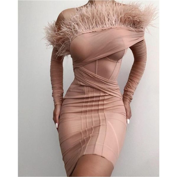 Günlük elbiseler vero sinly 2023 kış kadınlar seksi kapalı omuz tüyü uzun kollu vücutcon bandaj elbisesi zarif ünlü akşam parti dres