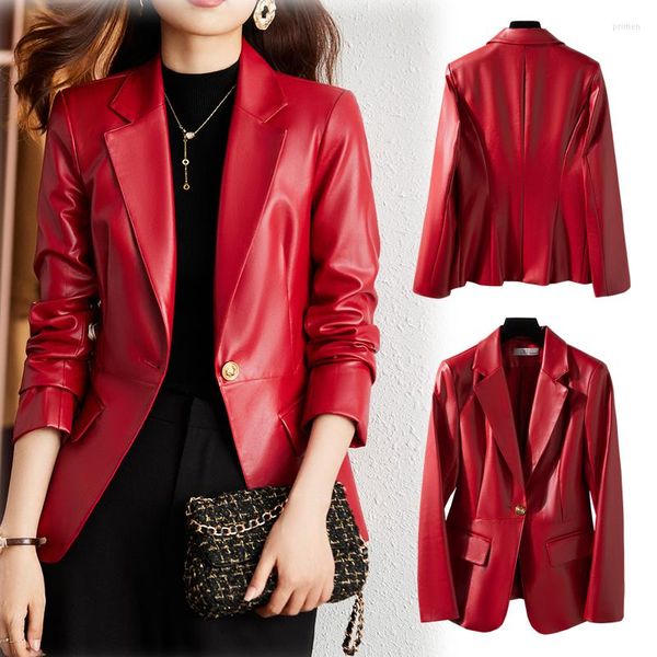 Ternos femininos de alta qualidade casaco feminino jaquetas de couro falso vinho vermelho 2023 primavera outono moda coreana magro preto lapela plutônio blazer