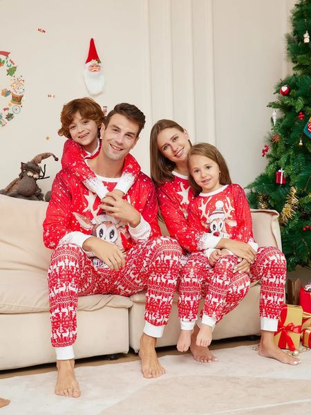 Família combinando roupas natal pjs vermelho bonito cervos manga longa conjunto inteiro chrias pijamas mamãe filha mãe crianças menina bebê casais 231109