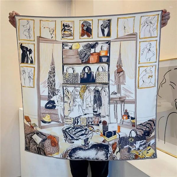 Lenços lenço de seda natural mulheres quadrado xale envoltório impressão lenço luxo feminino hijab bandana designer bufandas 90/90cm
