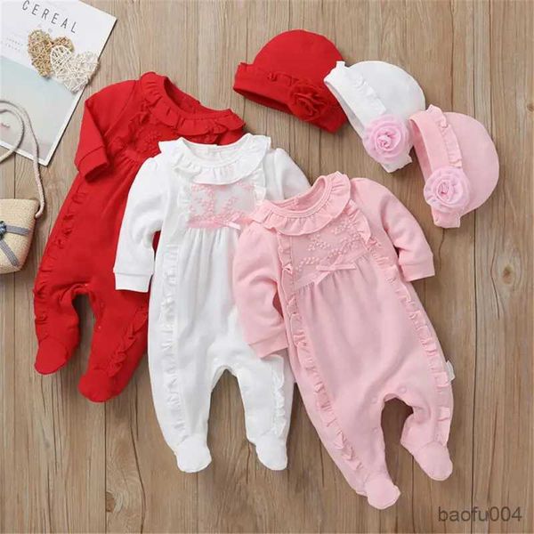 Conjuntos de roupas novo outono inverno bebê manga longa macacão menina uma peça macacão + chapéu roupas algodão infantil macacão crianças