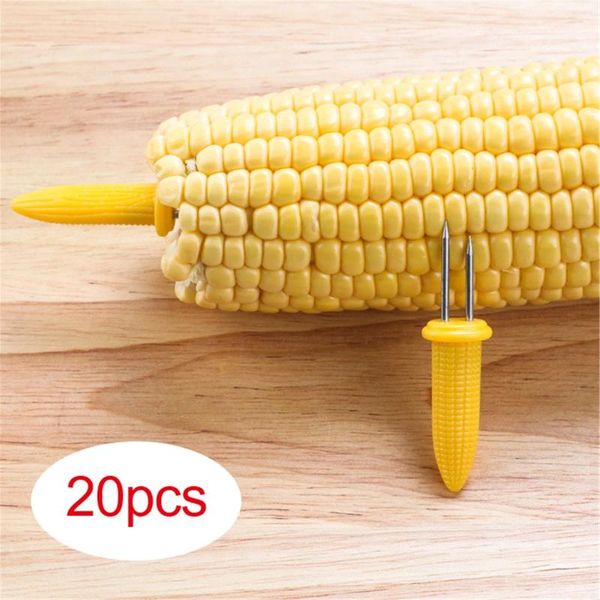 Ferramentas com garfo duplo de milho de silicone, peças inoxidáveis, alça de neve, aço cob para ponta de churrasco, 20 pinos, palitos de dente para crianças, alimentos