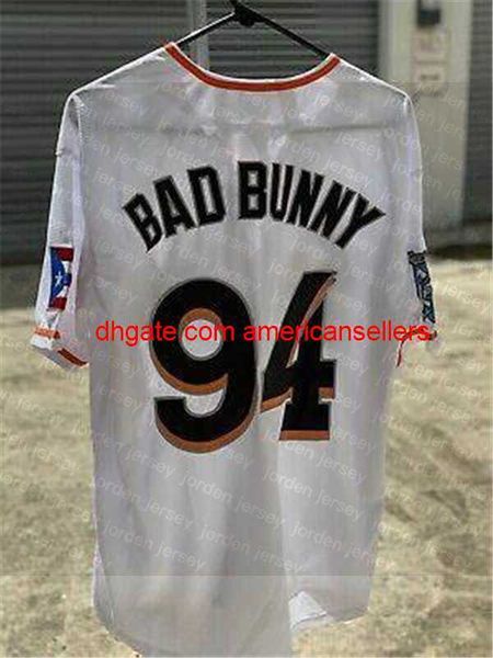 Camisas de beisebol maimi bad bunny jersey white com bandeira de porto rico tamanhado de camisa costura s-3xl