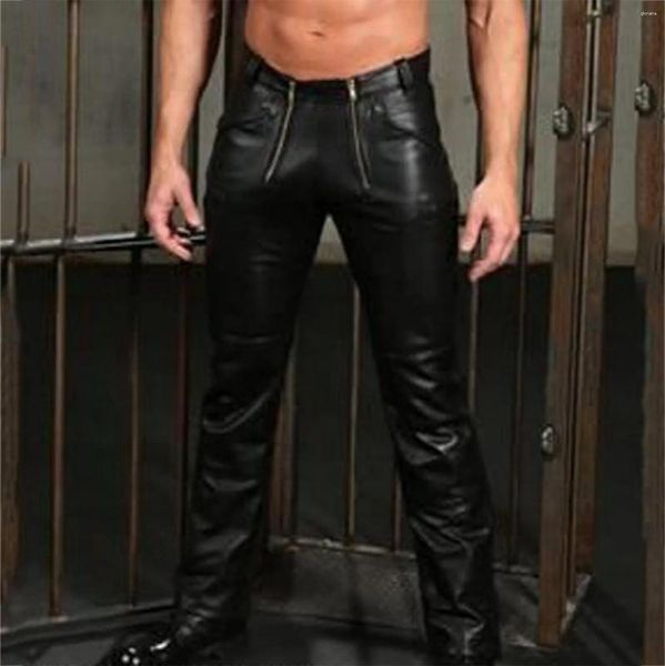 Мужские брюки, мужские сексуальные кожаные однотонные брюки на молнии, черные тонкие эластичные вечерние уличные брюки-футляры, повседневные