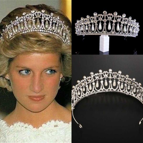 Hochzeit Haarschmuck Vintage versilbert Königin Prinzessin Diana Krone Kristall Perle Diadem für Braut Haarschmuck Braut Stirnbänder Tiara De Noiva P230408