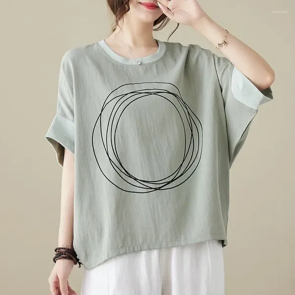 T-shirt da donna in cotone e lino Design alla moda per donna T-shirt corta davanti lunga sul retro T-shirt coreana con stampa allentata Maglietta sottile di tendenza estiva