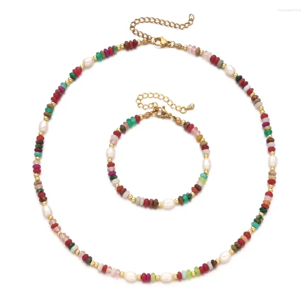 Collana Orecchini Set ZMZY Serie colorata Disco Pietra Bracciale regolabile Cristalli Girocollo Perla naturale per donna