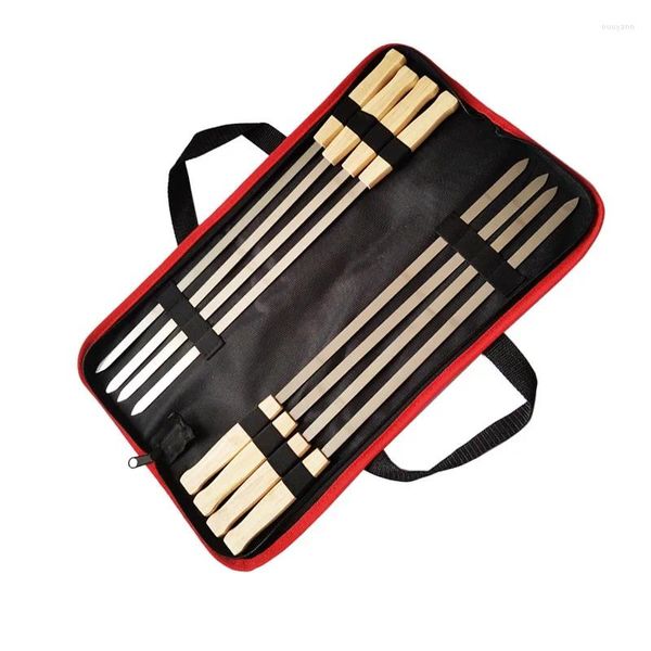 Ferramentas 8 pc / conjunto espetos de churrasco vara de aço inoxidável punho de bambu com saco de armazenamento de nylon conjunto de ferramentas de bolsa