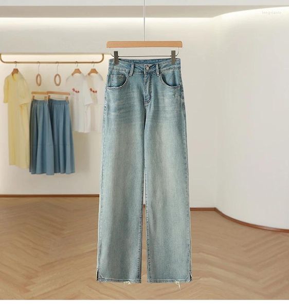 Damenjeans 2023 Herbst Frühling gewaschene hellblaue Frauen Baumwollknopf breite Beinhose Mode Denimhose