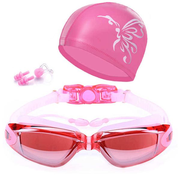 Occhialini da nuoto con cuffia da nuoto Tappo per le orecchie Occhiali da nuoto Antiappannamento Protezione UV per uomo Donna Bambino Lente da immersione in silicone impermeabile P230408