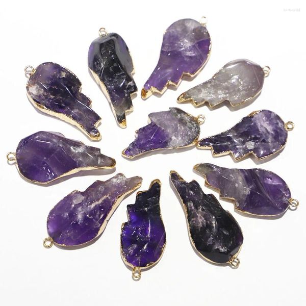 Anhänger-Halsketten, natürlicher Amethyst-Stein, Blatt vergoldet, Anhänger, Reiki-Charms, Schmuckherstellung, Zubehör, Großhandel, 6 Stück