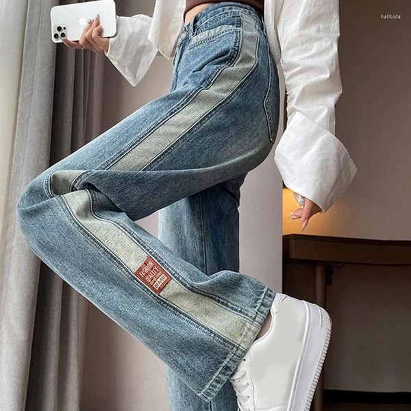 Jeans da donna Y2K moda coreana blu donna a vita alta autunno pantaloni a gamba larga in denim streetwear splicing trend pantaloni dritti femminili