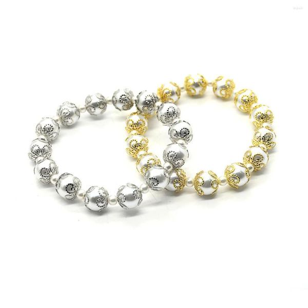Braccialetto di perline di perle d'imitazione in pizzo di metallo elegante per gioielli da donna con ciondolo a catena elastica color oro argento
