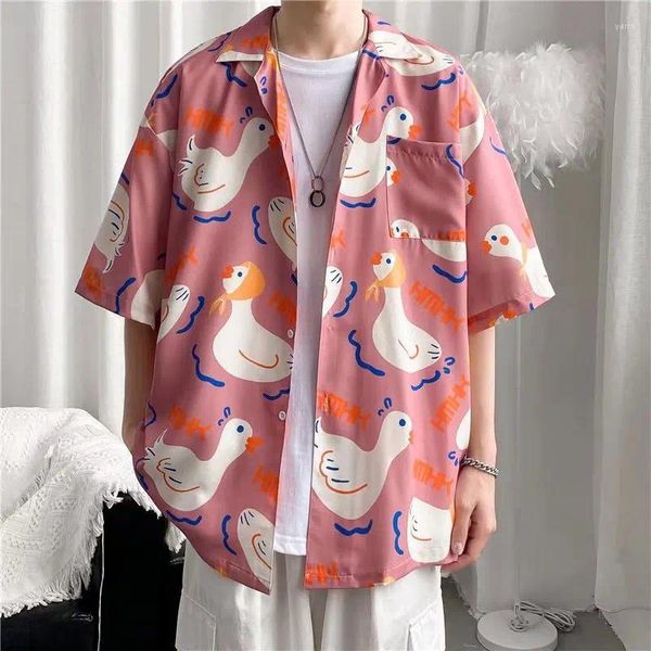 Camicie casual da uomo estive hawaiane per uomo Hip Hop divertente stampato bianco rosa bottoni top e abiti streetwear a maniche corte da donna