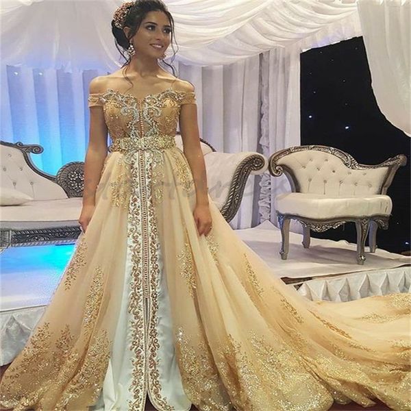 Luxuriöses goldfarbenes Saudi-Arabisches Hochzeitskleid mit perlenbesetzten, schulterfreien Applikationen, Spitze, Dubai Country Brautkleider, türkisches Gothic-Brautkleid, mittelalterliche Robe Mariage 2024