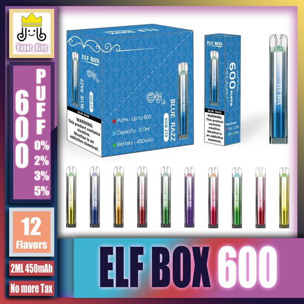 Orijinal Elf Kutusu 600 Puflar Kristal Kabuk Teknik Taşınabilir Vapes Kalem E Sigara 2ml 450 mAh Pod Mesh Bobin Şarj Edilebilir Hava Düzeltilebilir 0% 2% 3% 5% 5 Cihaz