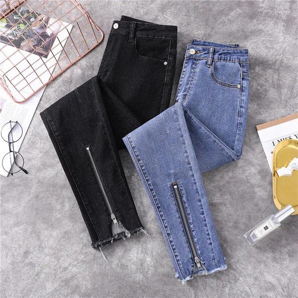 Jeans da donna Streetwear Patchwork Cerniera strappata Skinny per donna Pantaloni in denim blu elasticizzati a vita alta con effetto invecchiato