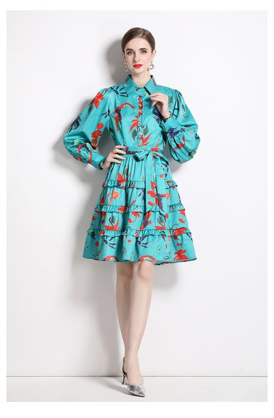 2023 Casual Kleider Böhmische Grüne Blume Urlaub Kurzes Kleid Frauen Laper Kragen Lange Laterne Hülse Gürtel Spitze Up Cascading boho Vestidos