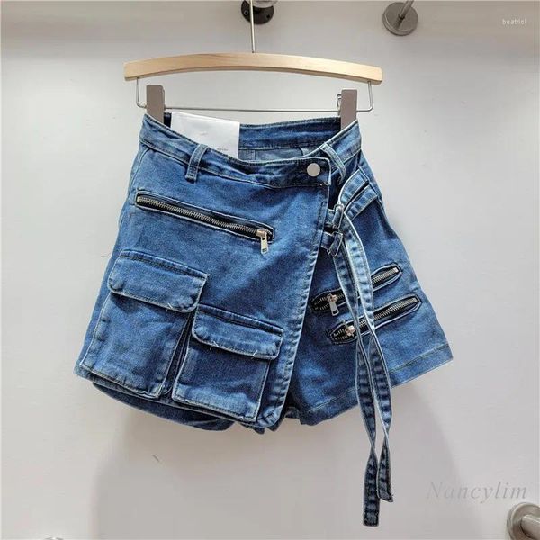 Jeans femininos irregulares denim shorts 2023 verão a-line cintura alta solta emagrecimento e calças largas perna macacão saia