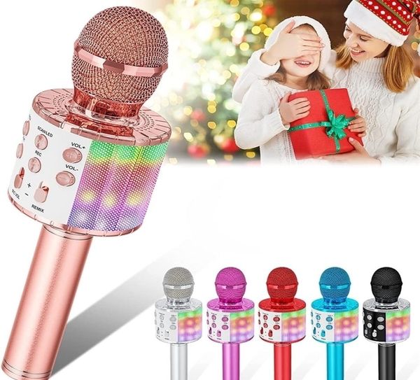 Microfones Microfone de karaokê para crianças cantando 5 em 1 microfone sem fio Bluetooth com luzes LED Máquina de karaokê microfone portátil 6690771