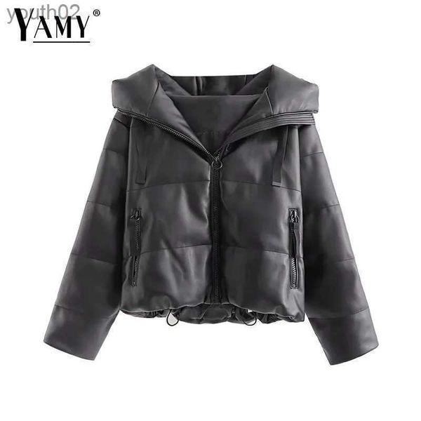 Pele feminina pele falsa jaqueta de inverno coreana feminina jaqueta de couro kaii preto parka jaquetas bolha casacos com capuz jaqueta de couro cortada feminina zln231109