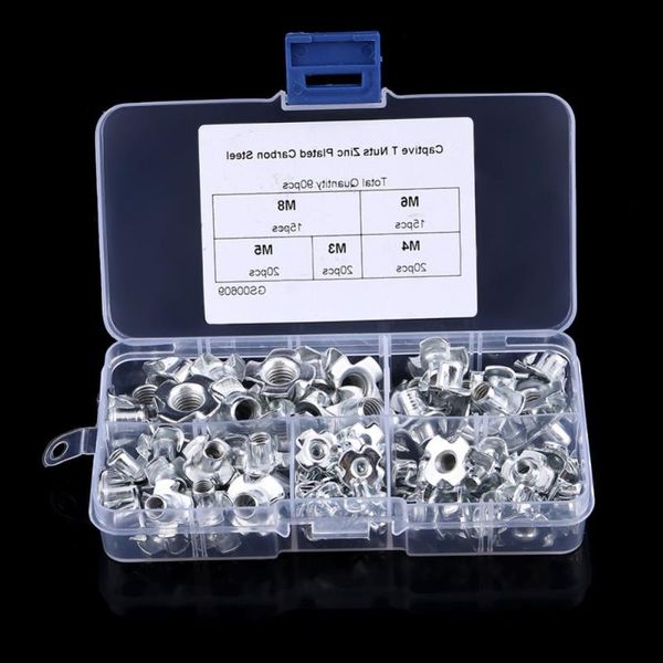 Freeshipping 90pcs/Kutu 4 Prong T fındık karbon çelik kör ekler Somun ahşap işleme dört pençe somun vidalı tamir araçları kiti m3/m4/m5/m6/m8 oprik