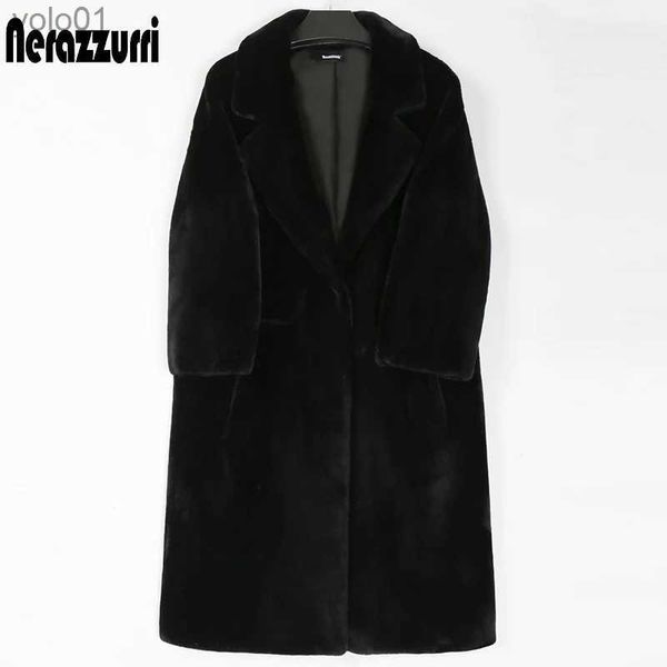 Женское меховое пальто из искусственного меха нерадзурри, зимнее длинное ярко-розовое пальто из искусственного меха, женская теплая толстая черная мягкая пушистая куртка с лацканами, свободная стильная корейская мода 2022L231120