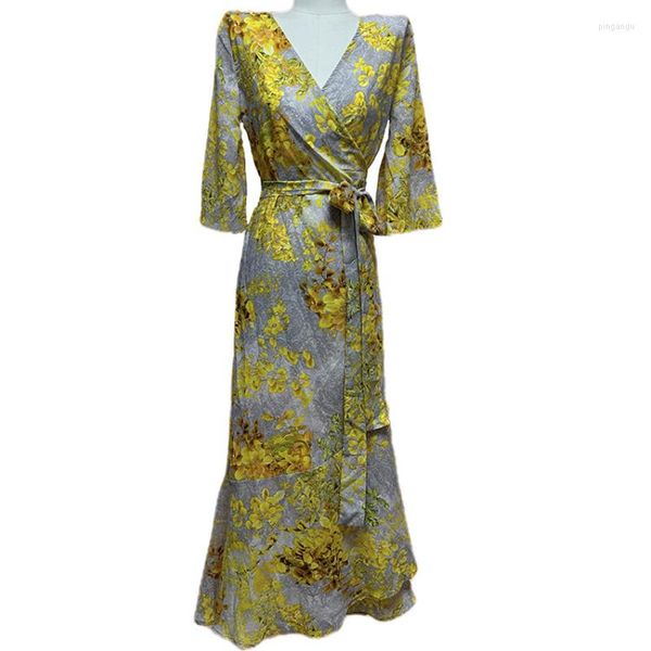 Lässige Kleider Frühling Sommer Golden Floral Für Frauen Dreiviertel Ärmel Gürtel Knöchellanges Kleid Junge Damen Gilrs